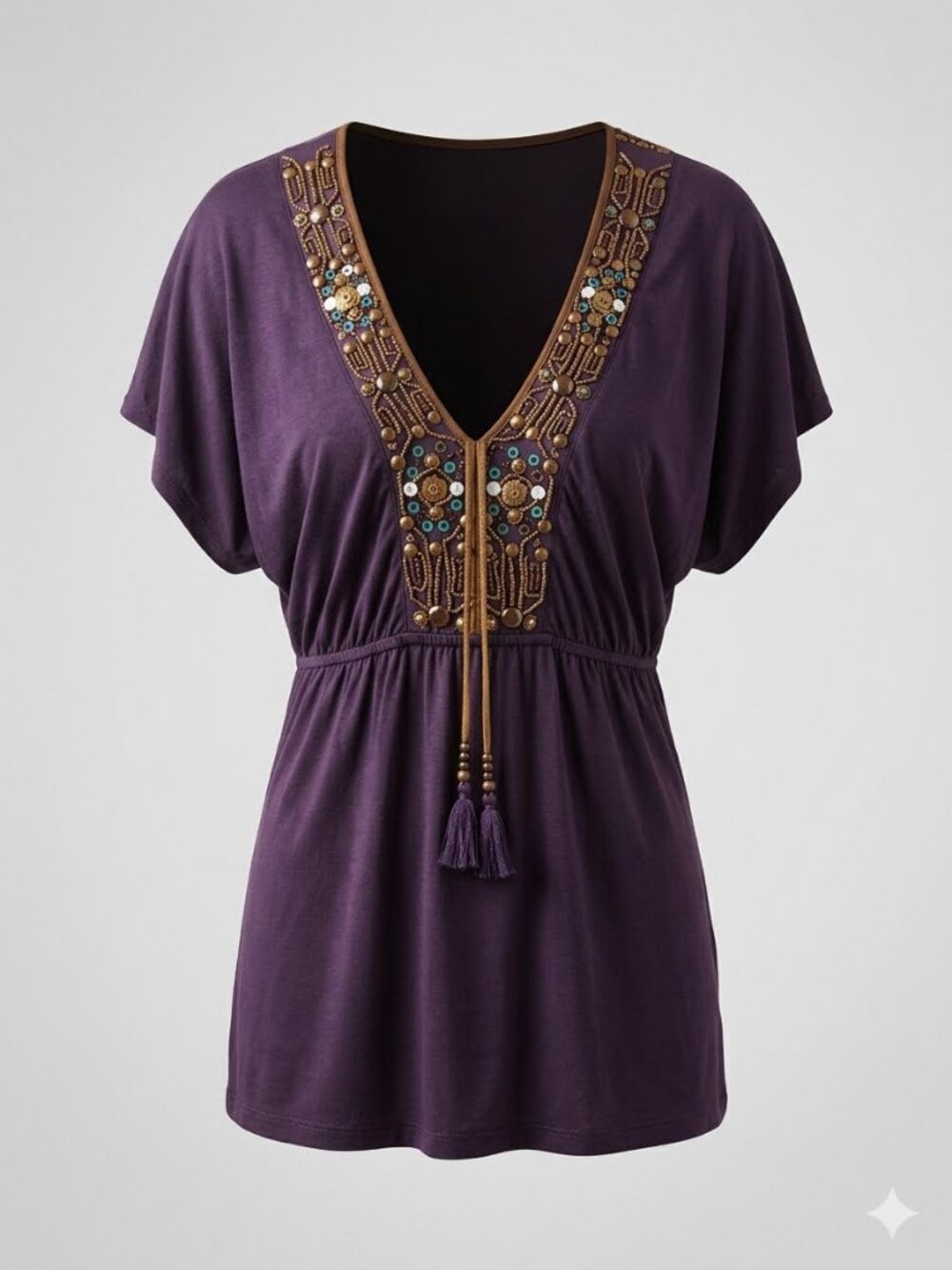Francesca’s Deep Purple Deep V Front & Back Tassels Embellished Top 4071